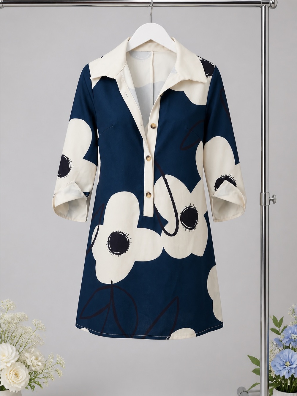 SHEIN Navy Blue and Cream Floral Collared Tunic Dress